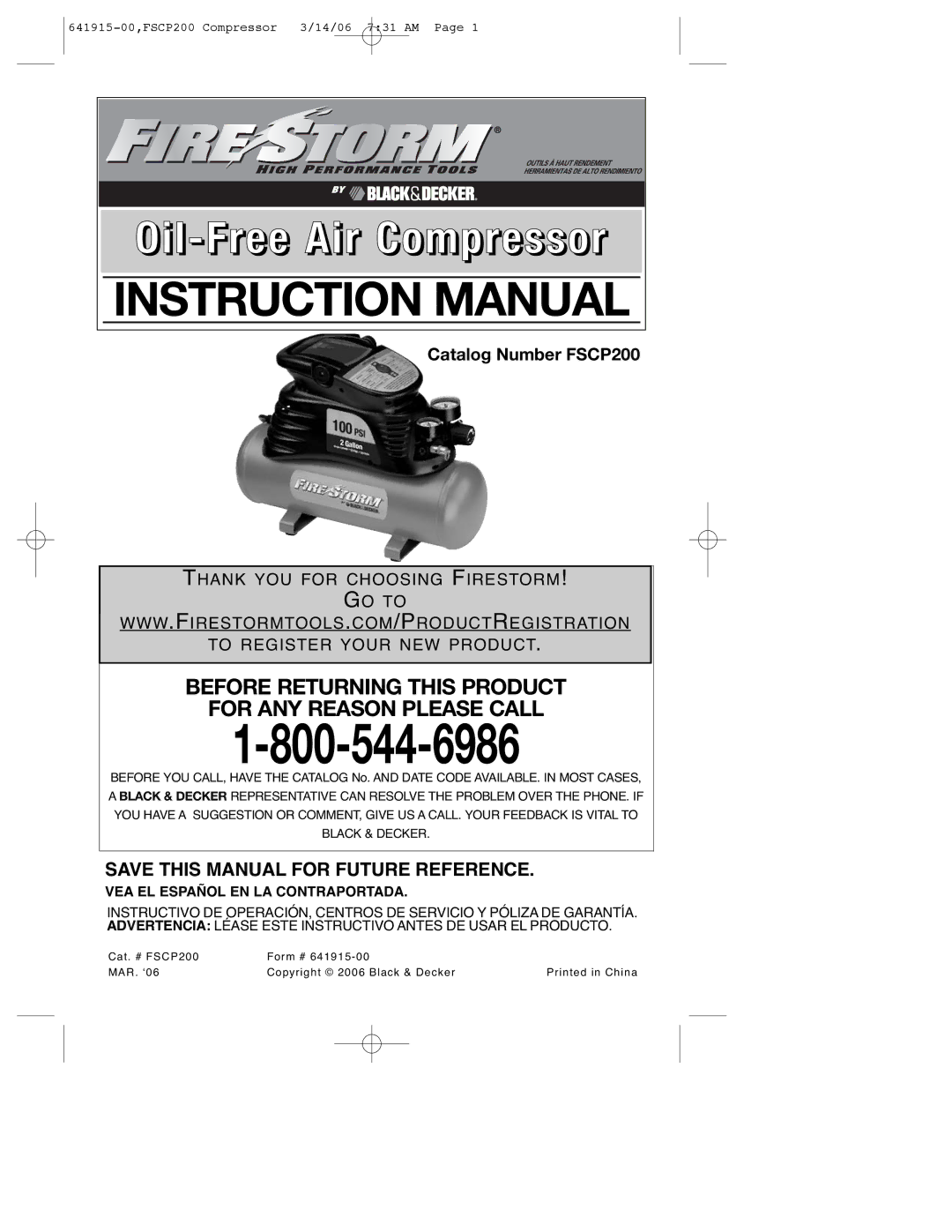 Black & Decker 641915-00, FSCP200 instruction manual Oil-Free Air Compressor, VEA EL Español EN LA Contraportada 