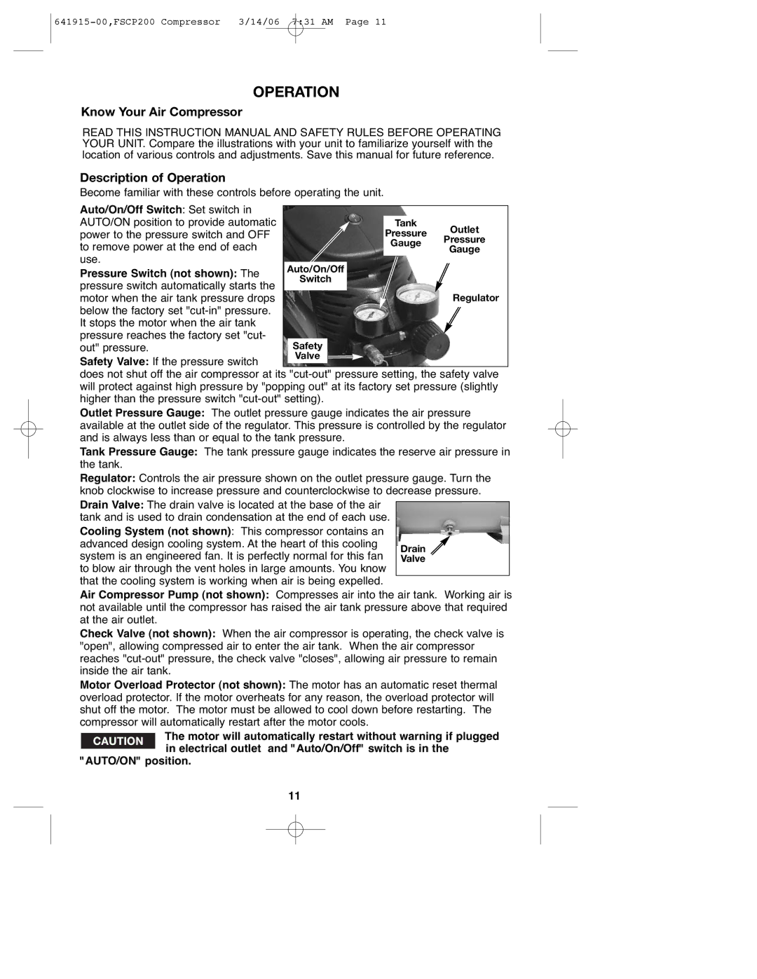 Black & Decker 641915-00, FSCP200 instruction manual Operation, Auto/On/Off Switch Set switch, Pressure Switch not shown 