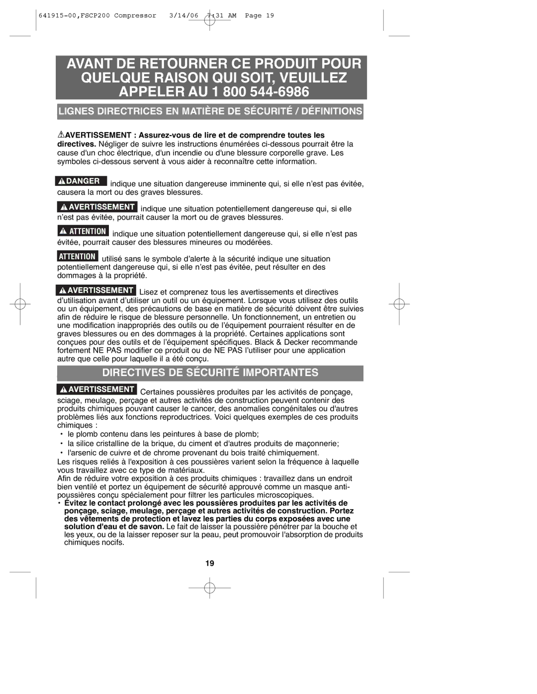 Black & Decker 641915-00, FSCP200 instruction manual Directives DE Sécurité Importantes 