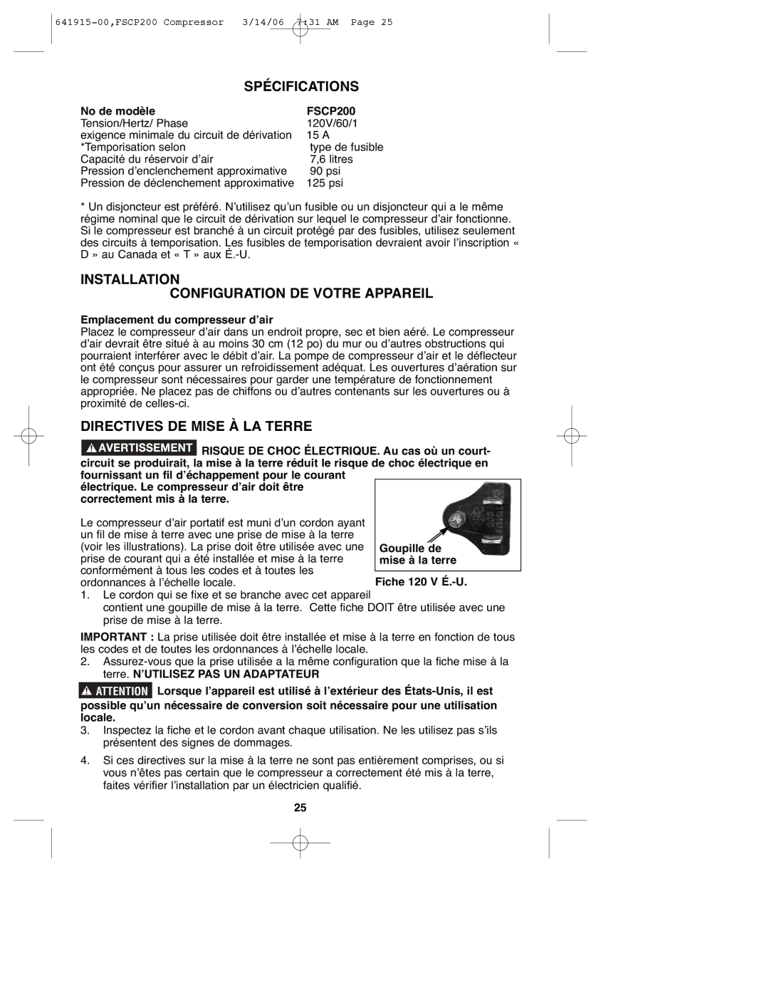 Black & Decker 641915-00 Spécifications, Installation Configuration DE Votre Appareil, Directives DE Mise À LA Terre 