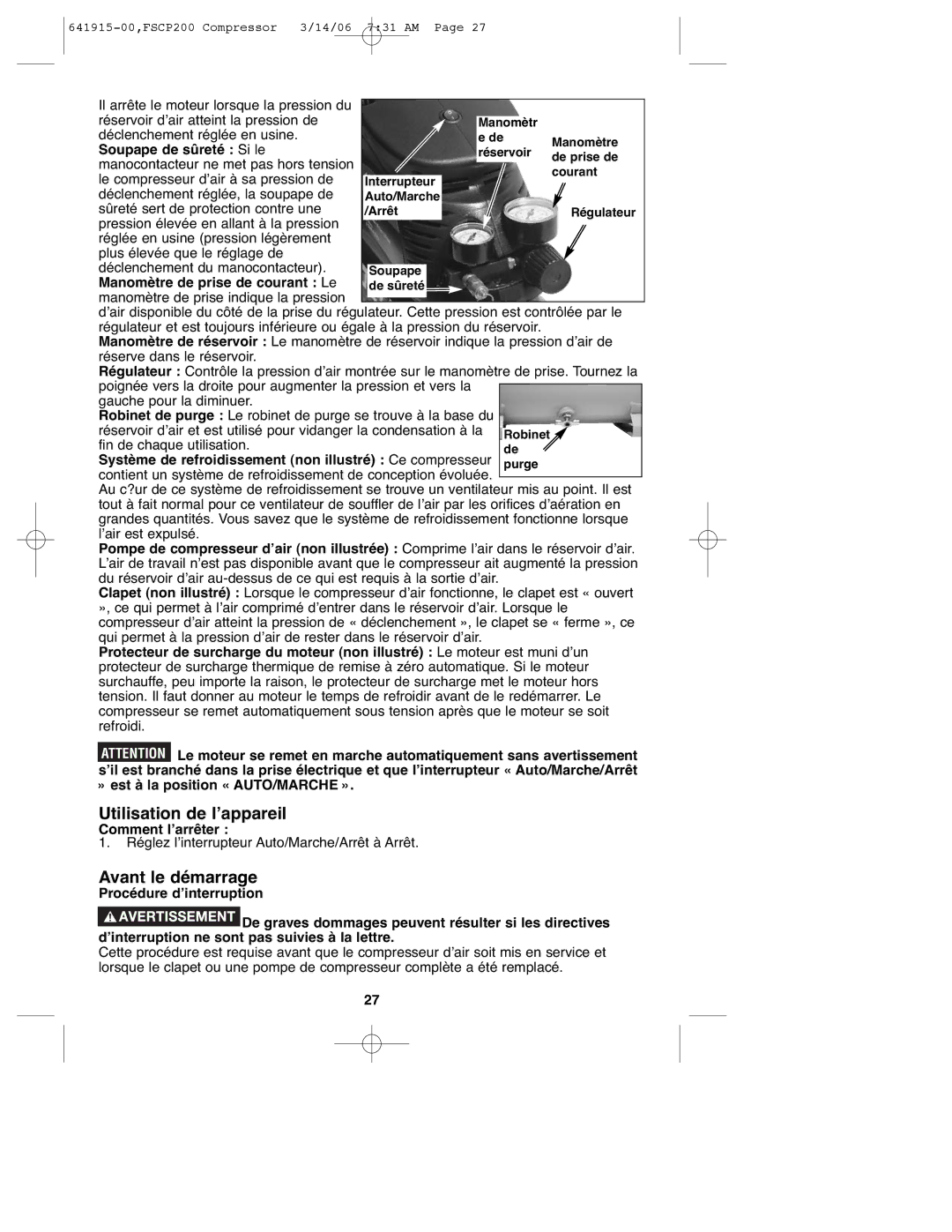 Black & Decker 641915-00, FSCP200 Soupape de sûreté Si le, Manomètre de prise de courant Le, Comment l’arrêter 