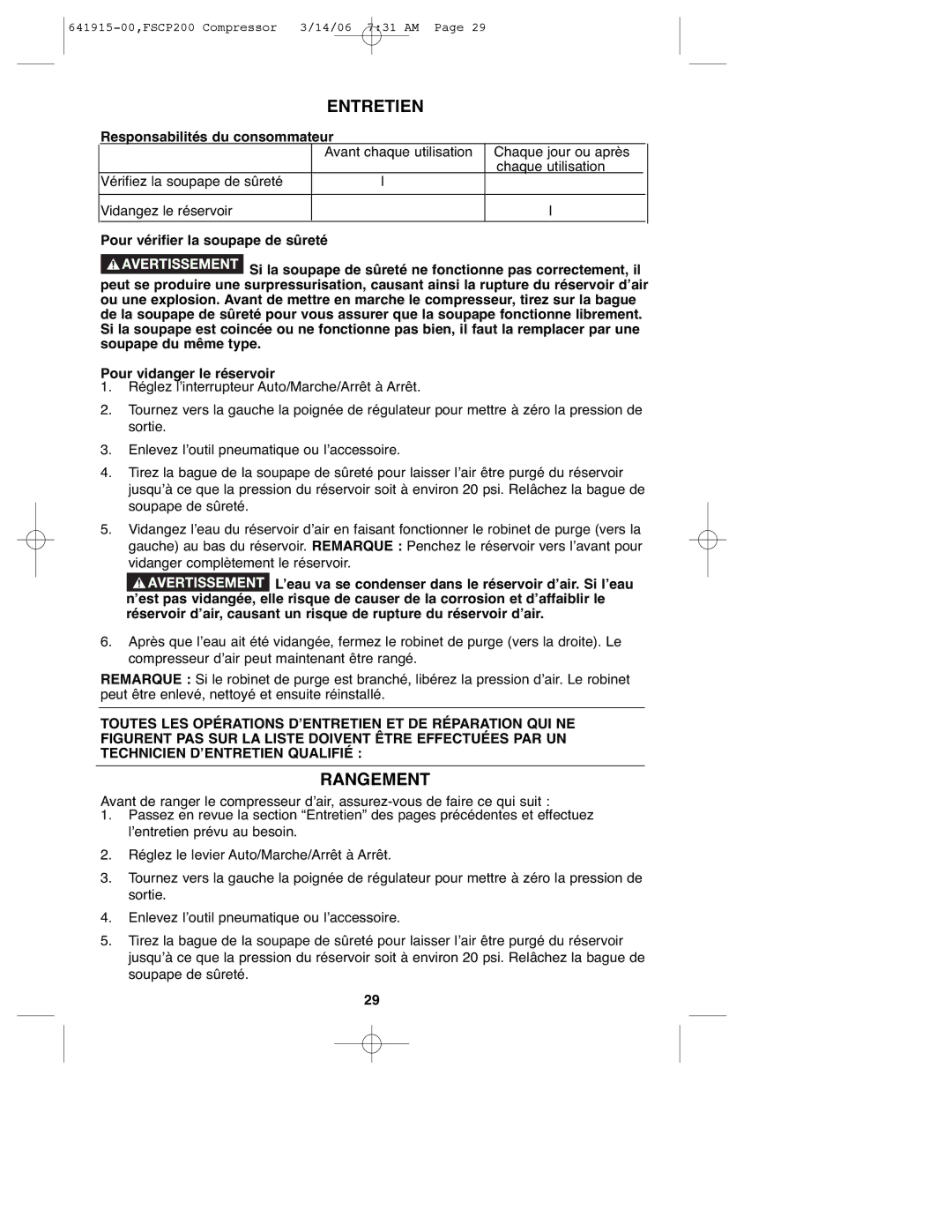 Black & Decker 641915-00, FSCP200 instruction manual Entretien, Rangement, Responsabilités du consommateur 