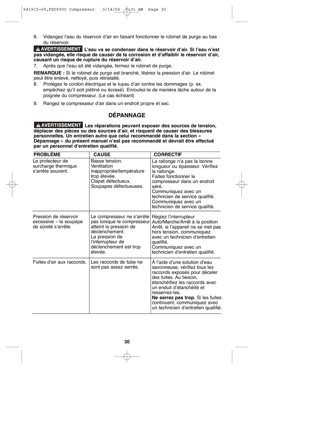 Black & Decker FSCP200, 641915-00 instruction manual Dépannage, Problème Cause Correctif, Ne serrez pas trop. Si les fuites 