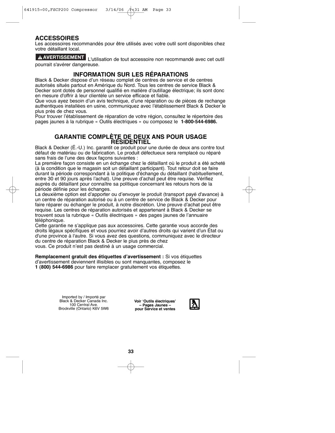 Black & Decker 641915-00, FSCP200 instruction manual Accessoires, Information SUR LES Réparations 