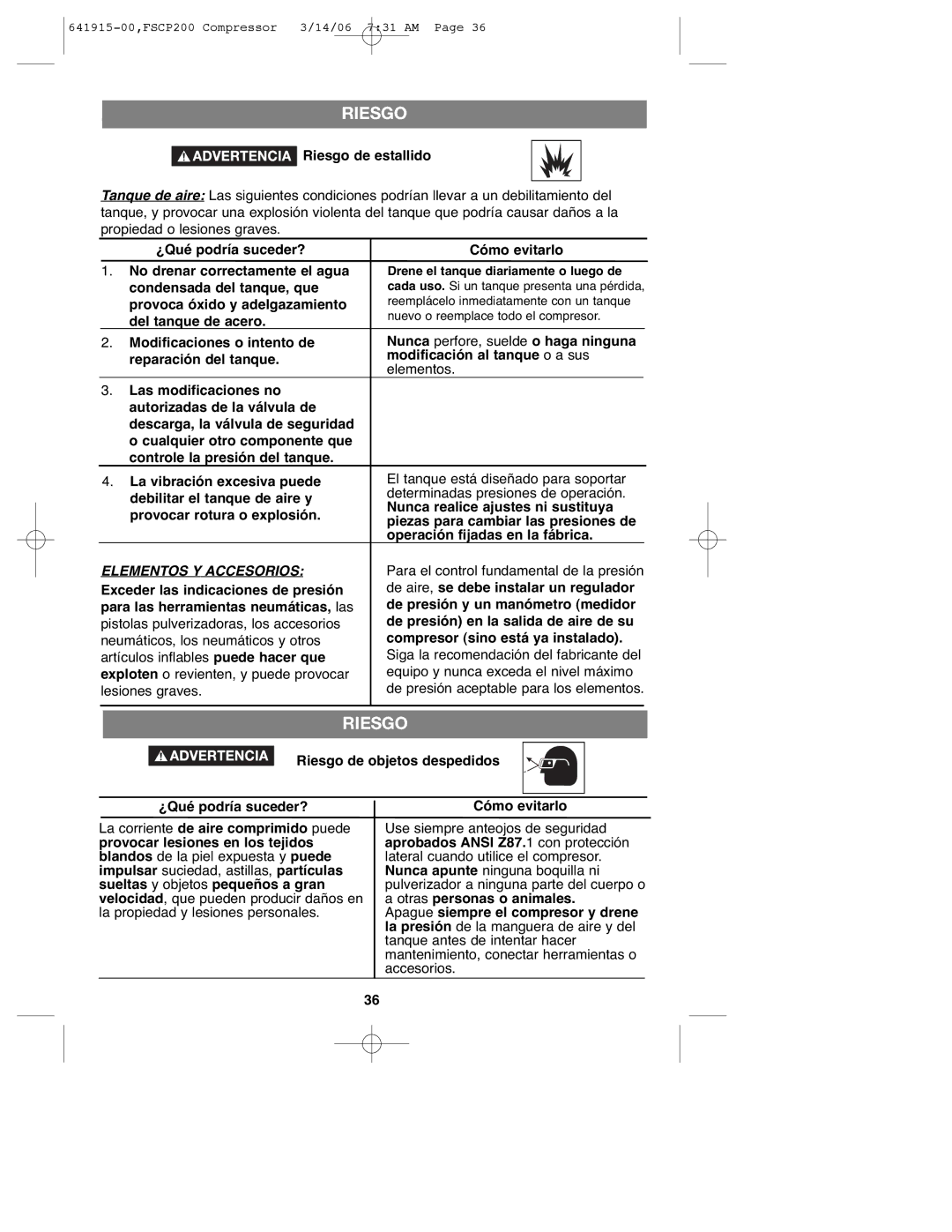 Black & Decker FSCP200, 641915-00 Riesgo de estallido, Condensada del tanque, que, Provoca óxido y adelgazamiento 