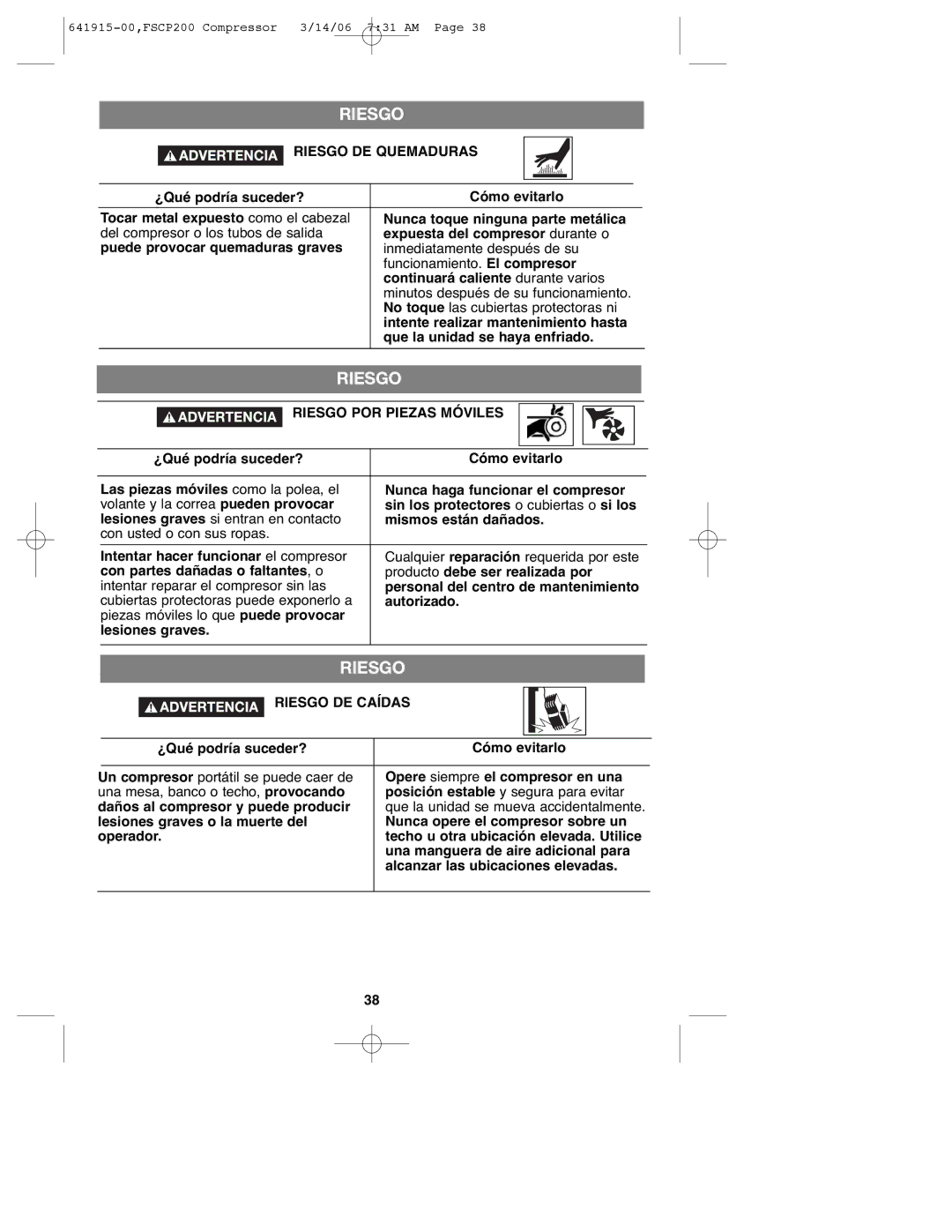 Black & Decker FSCP200, 641915-00 instruction manual Riesgo DE Quemaduras, Riesgo POR Piezas Móviles, Riesgo DE Caídas 