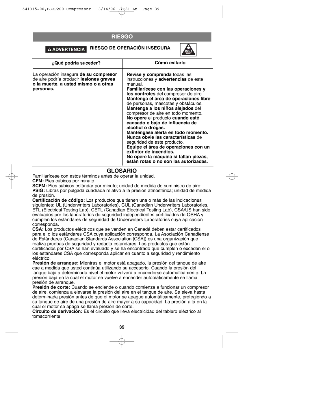 Black & Decker 641915-00, FSCP200 instruction manual Glosario, Riesgo DE Operación Insegura 