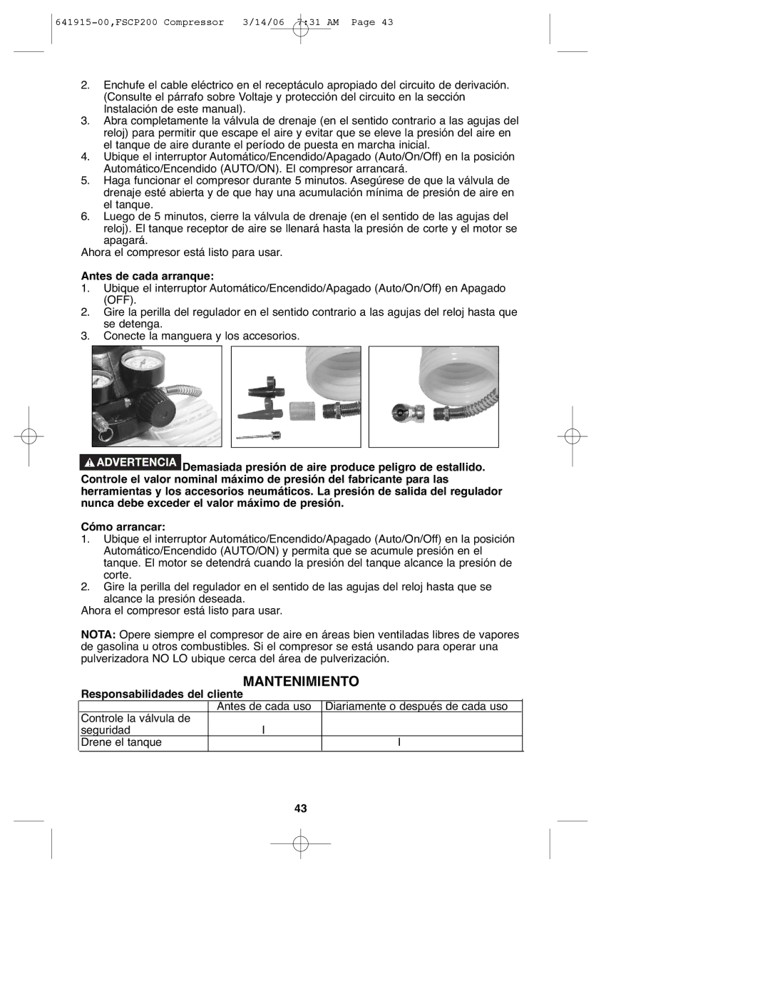 Black & Decker 641915-00, FSCP200 instruction manual Mantenimiento, Antes de cada arranque, Responsabilidades del cliente 