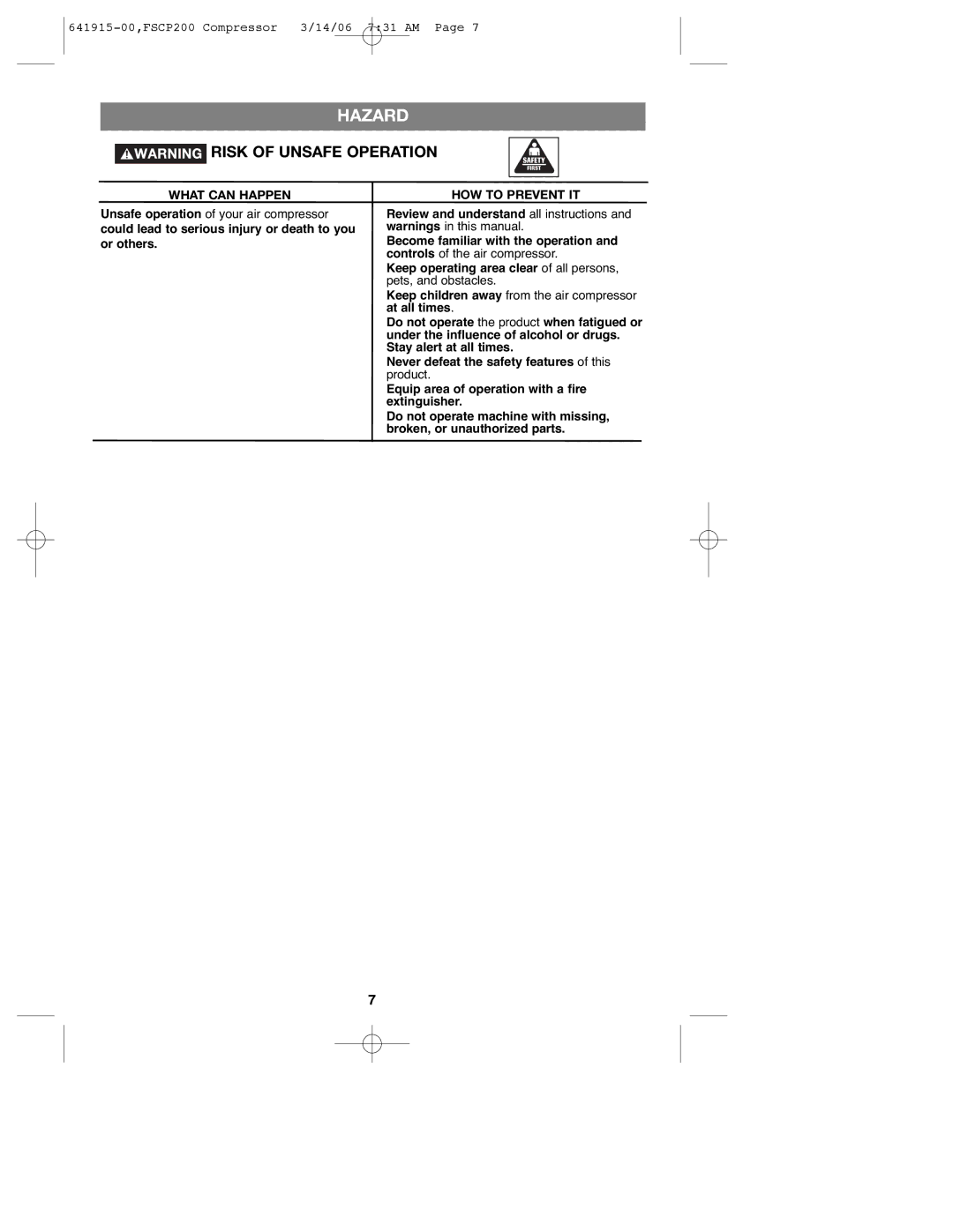 Black & Decker 641915-00, FSCP200 instruction manual Risk of Unsafe Operation 