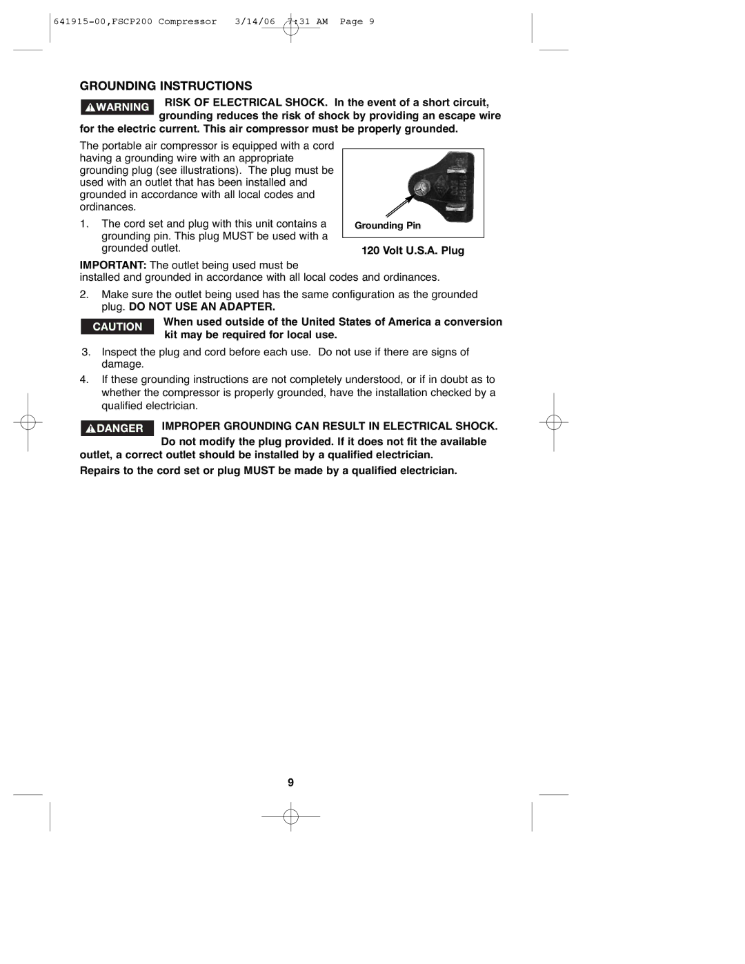 Black & Decker 641915-00, FSCP200 instruction manual Grounding Instructions 