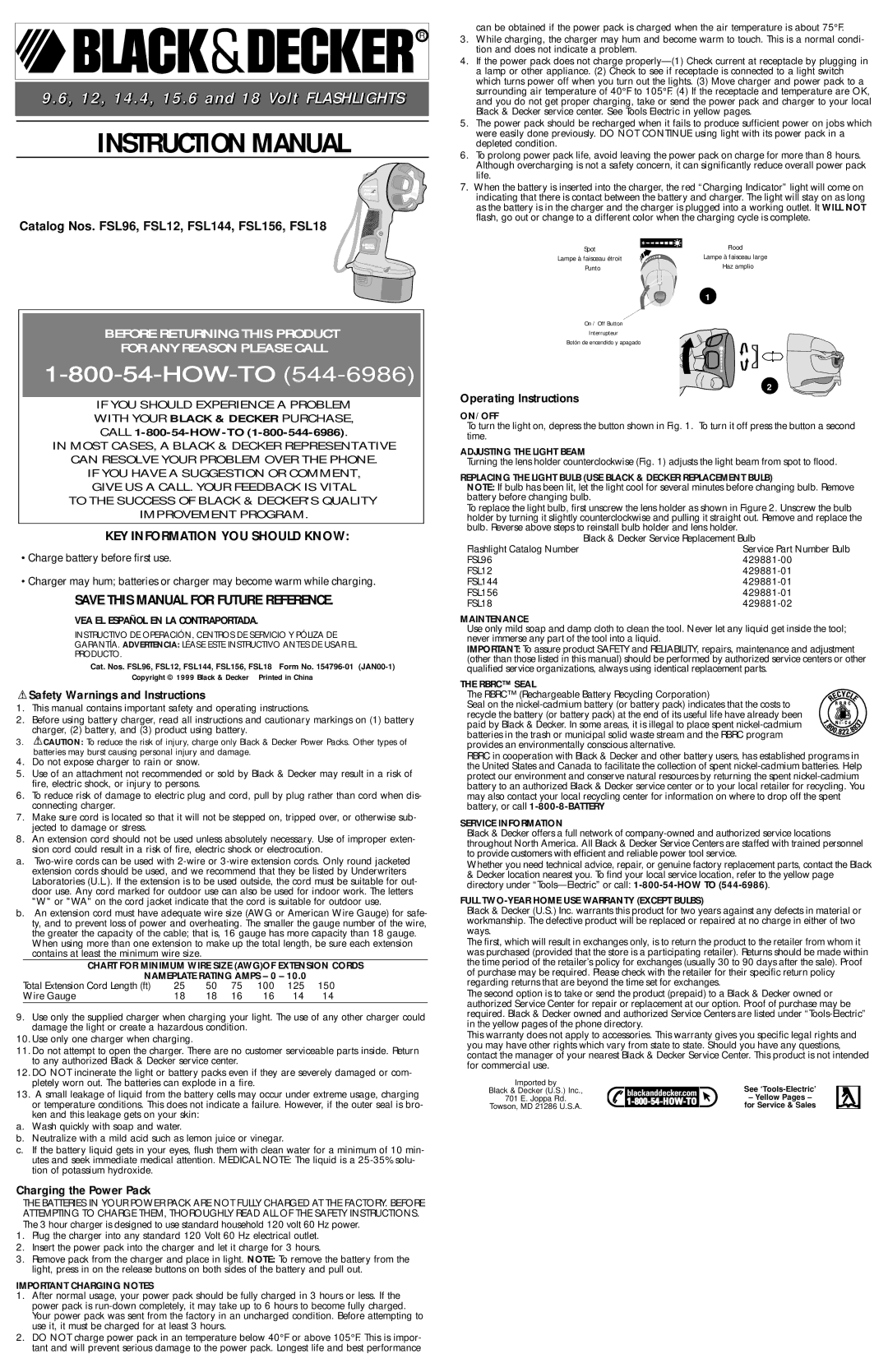 Black & Decker FSL156, FSL18, FSL96, FSL144 operating instructions Safety Warnings and Instructions, Charging the Power Pack 