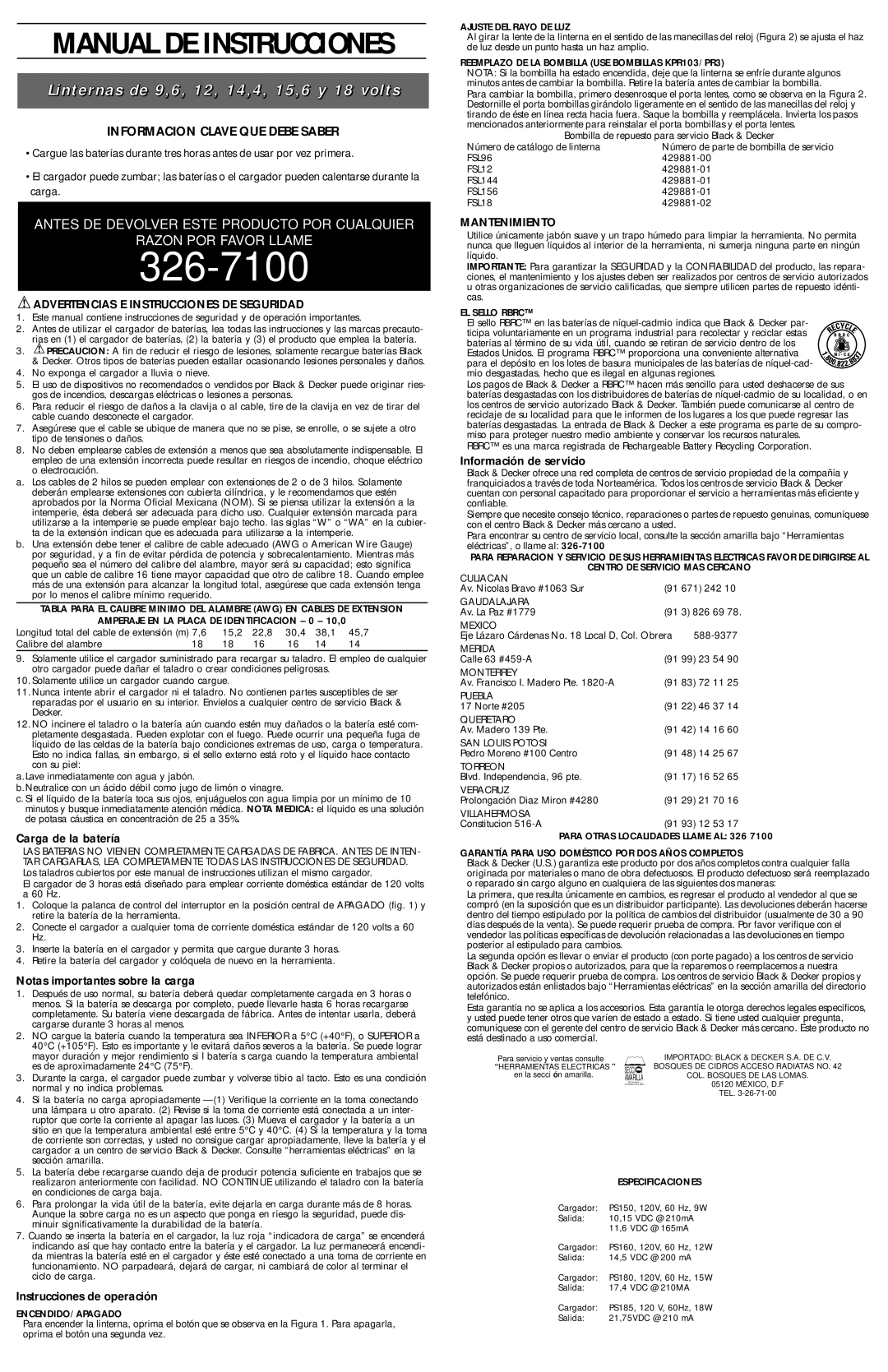 Black & Decker FSL144, FSL18, FSL156 Carga de la batería, Notas importantes sobre la carga, Instrucciones de operación 