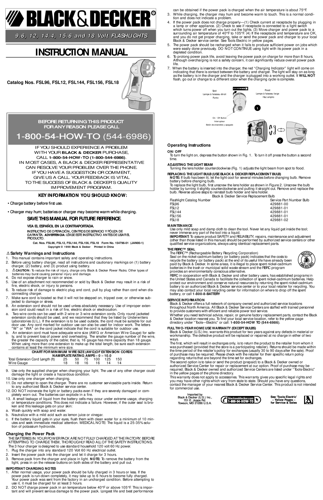 Black & Decker FSL156 operating instructions 9.6, 12, 14.4, 15.6 and 18 Volt FLASHLIGHTS, Key Information You Should Know 