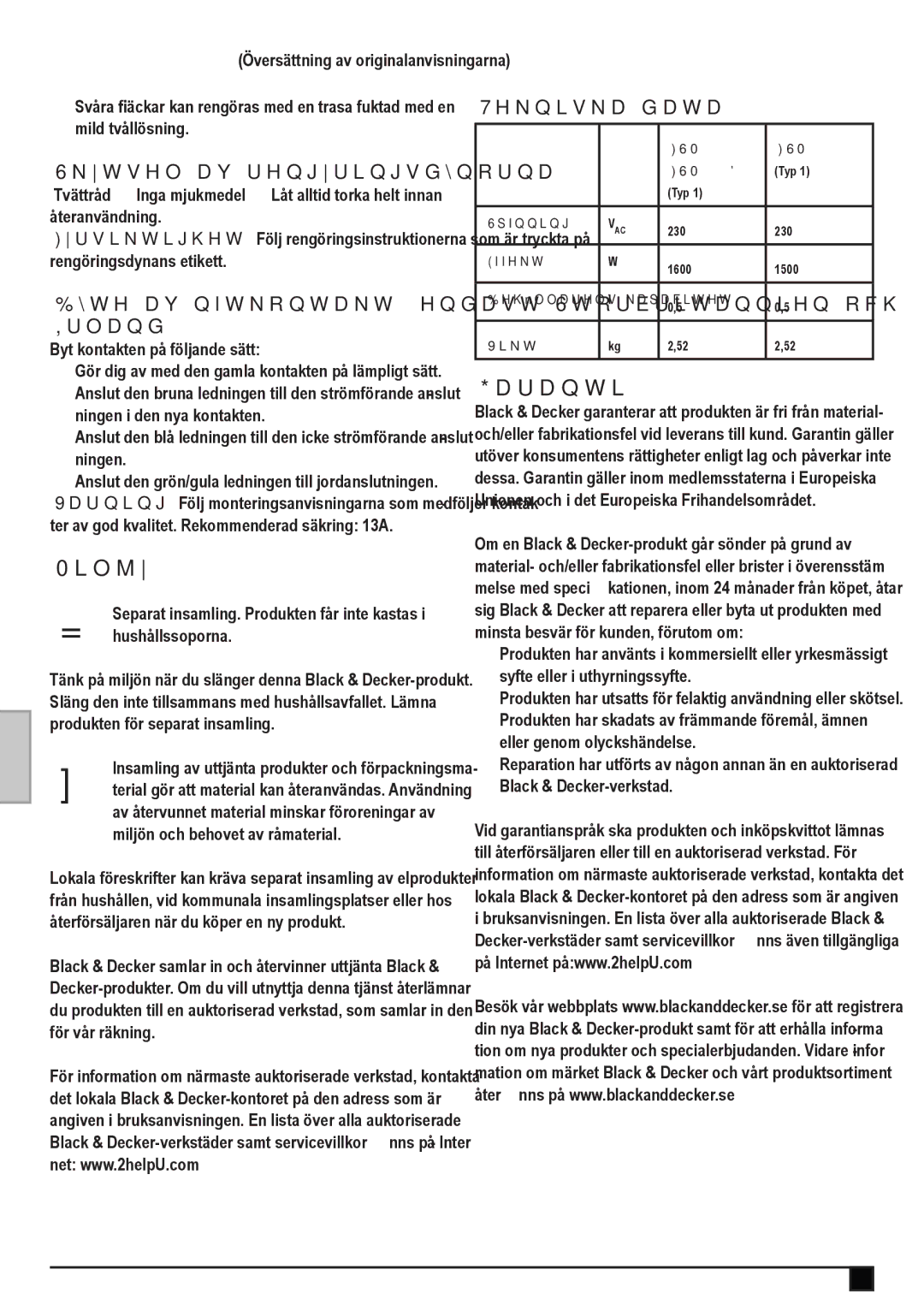 Black & Decker FSM1600D manual Garanti, Skötsel av rengöringsdynorna, Byte av nätkontakt endast Storbritannien och Irland 