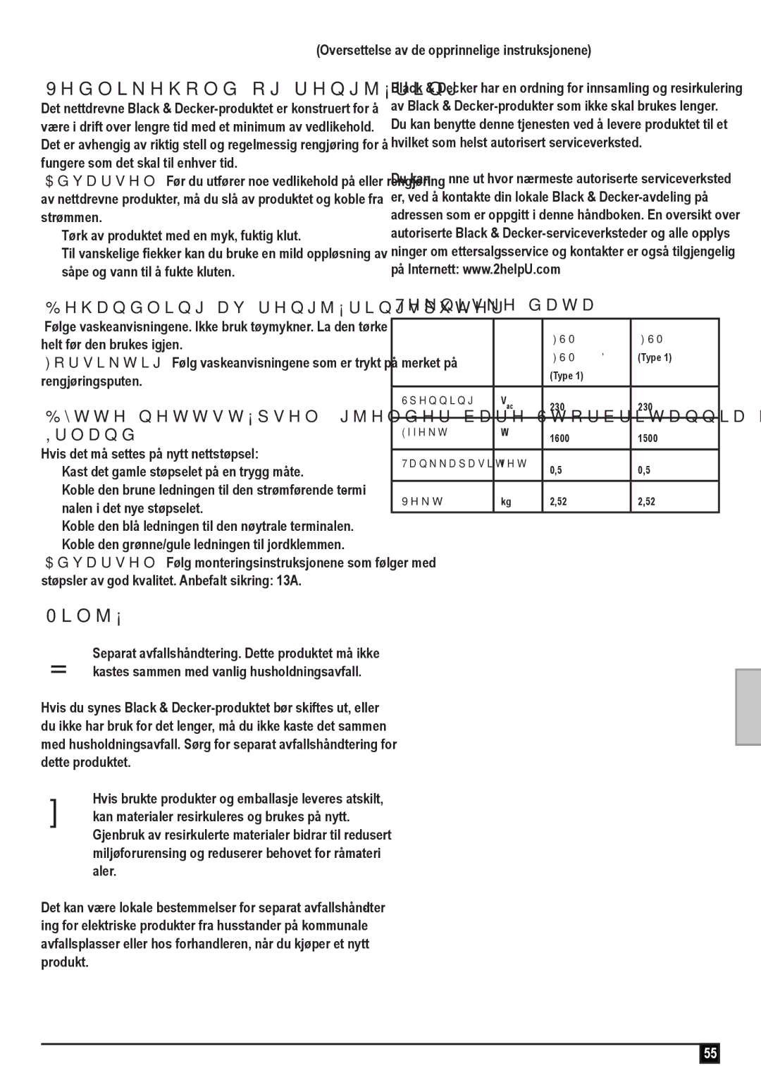 Black & Decker FSM1600D manual Vedlikehold og rengjøring, Behandling av rengjøringsputer, Tekniske data 