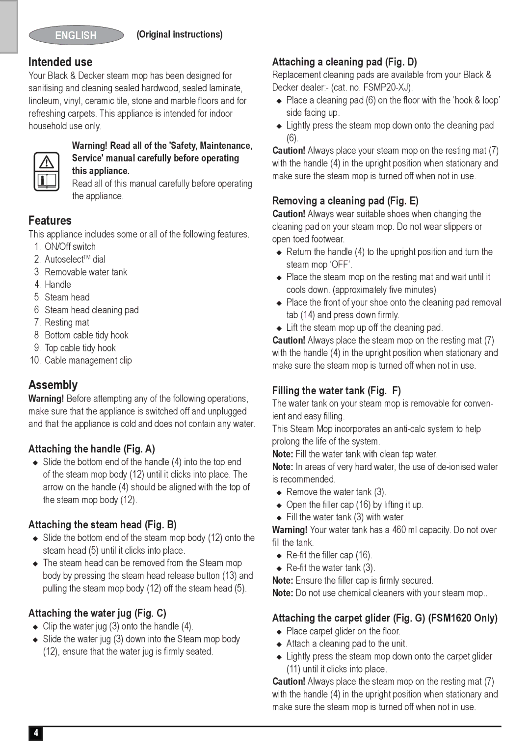 Black & Decker FSM1620, FSM1610 manual Intended use, Features, Assembly 