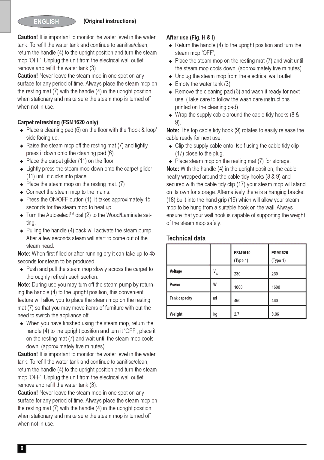 Black & Decker FSM1610 manual Technical data, Carpet refreshing FSM1620 only 