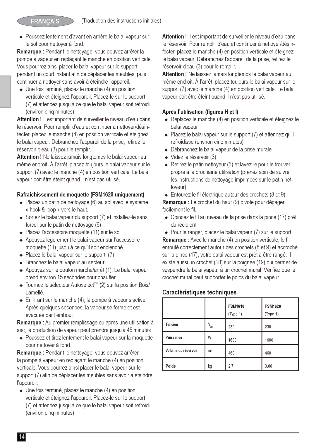 Black & Decker manual Caractéristiques techniques, Rafraîchissement de moquette FSM1620 uniquement 