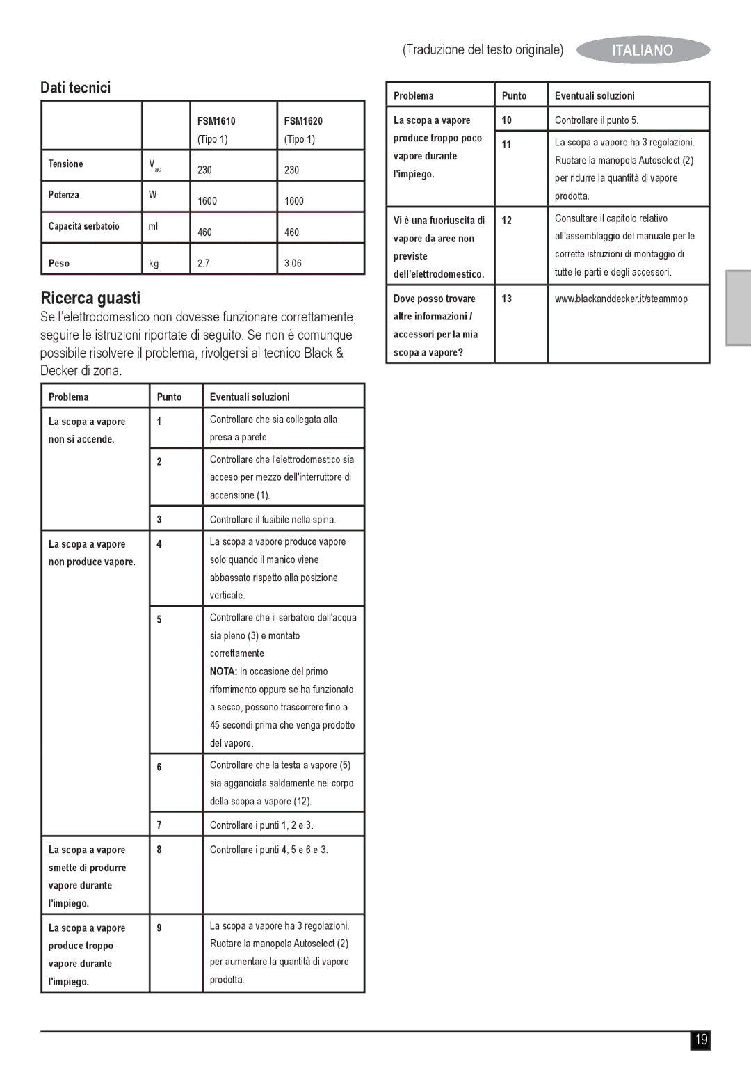 Black & Decker FSM1620 manual Ricerca guasti, Dati tecnici, Traduzione del testo originale 