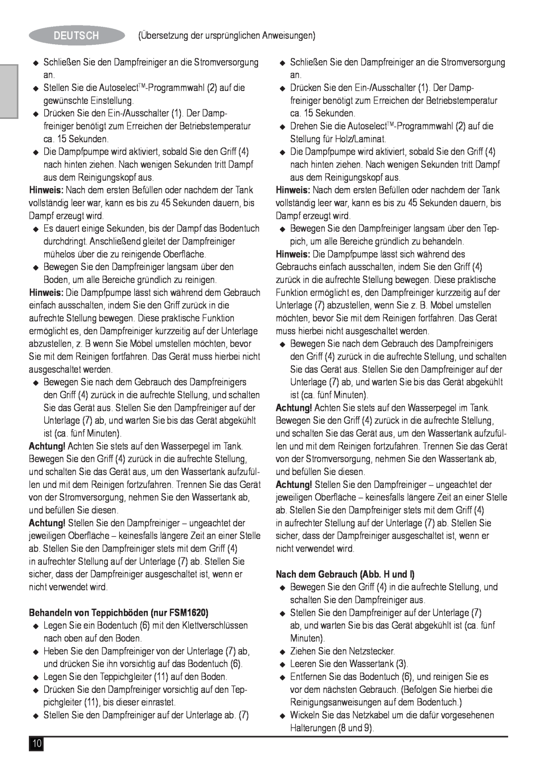 Black & Decker manual Behandeln von Teppichböden nur FSM1620, Nach dem Gebrauch Abb. H und, Deutsch 