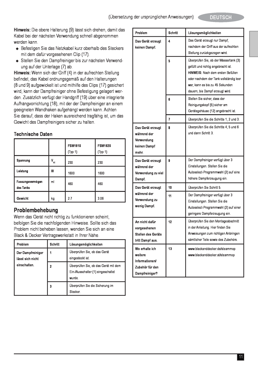 Black & Decker FSM1620 manual Problembehebung, Technische Daten, Deutsch 