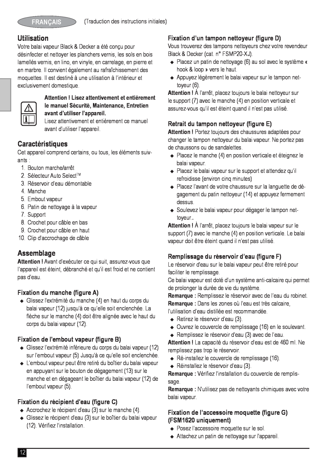 Black & Decker FSM1620 manual Utilisation, Caractéristiques, Assemblage, Français, Fixation d’un tampon nettoyeur figure D 