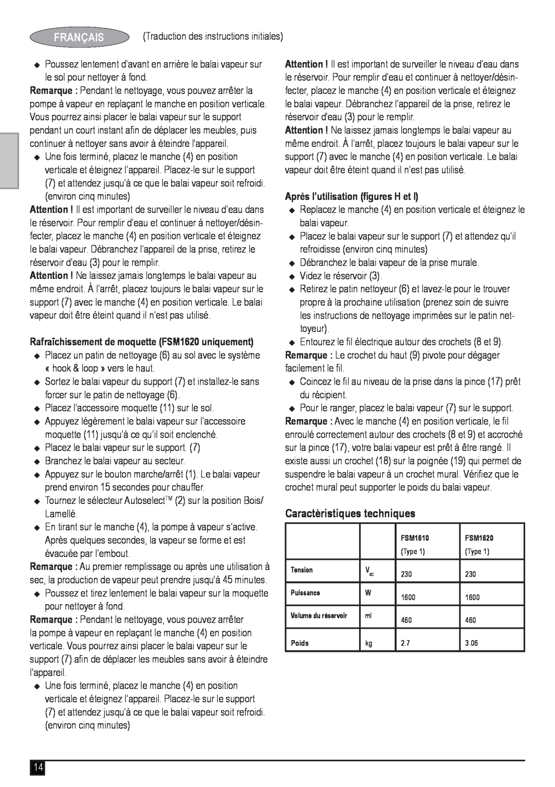 Black & Decker manual Caractéristiques techniques, Rafraîchissement de moquette FSM1620 uniquement, Français 