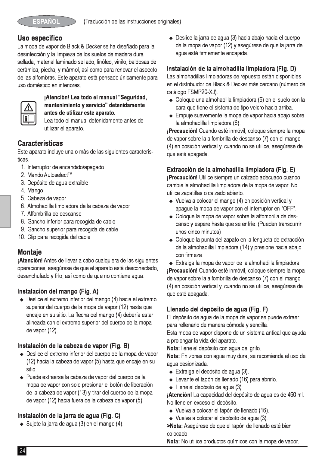 Black & Decker FSM1620 manual Uso específico, Características, Montaje, Español, Instalación del mango Fig. A 