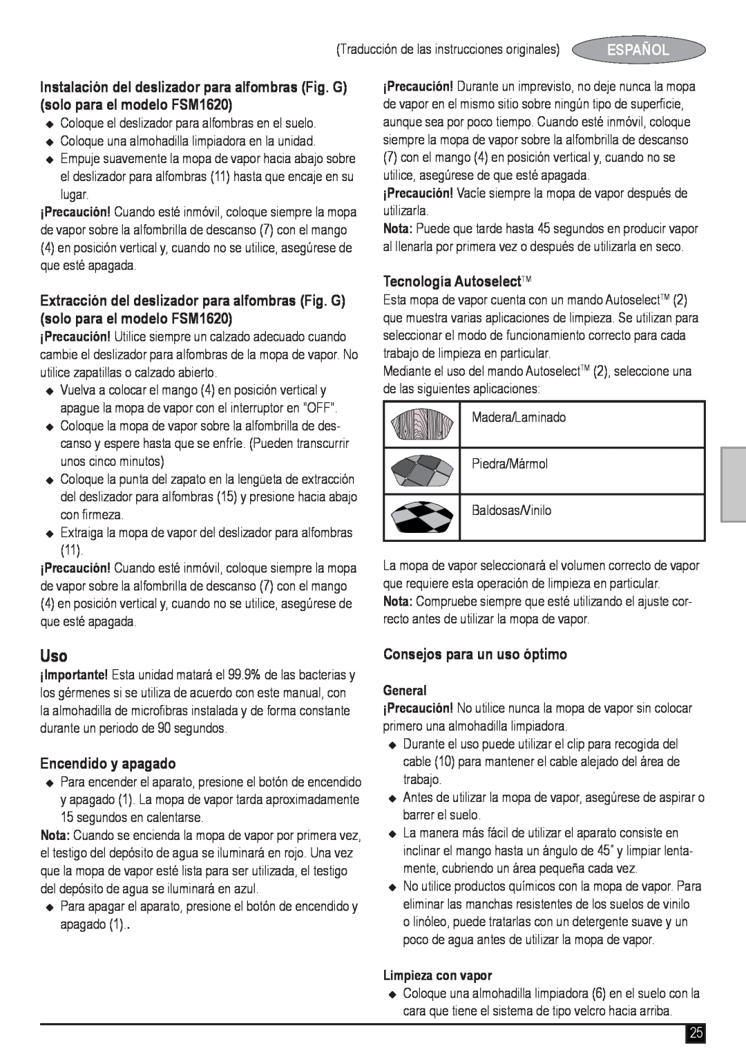 Black & Decker FSM1620 manual Tecnología AutoselectTM, Encendido y apagado, Consejos para un uso óptimo, Español, General 