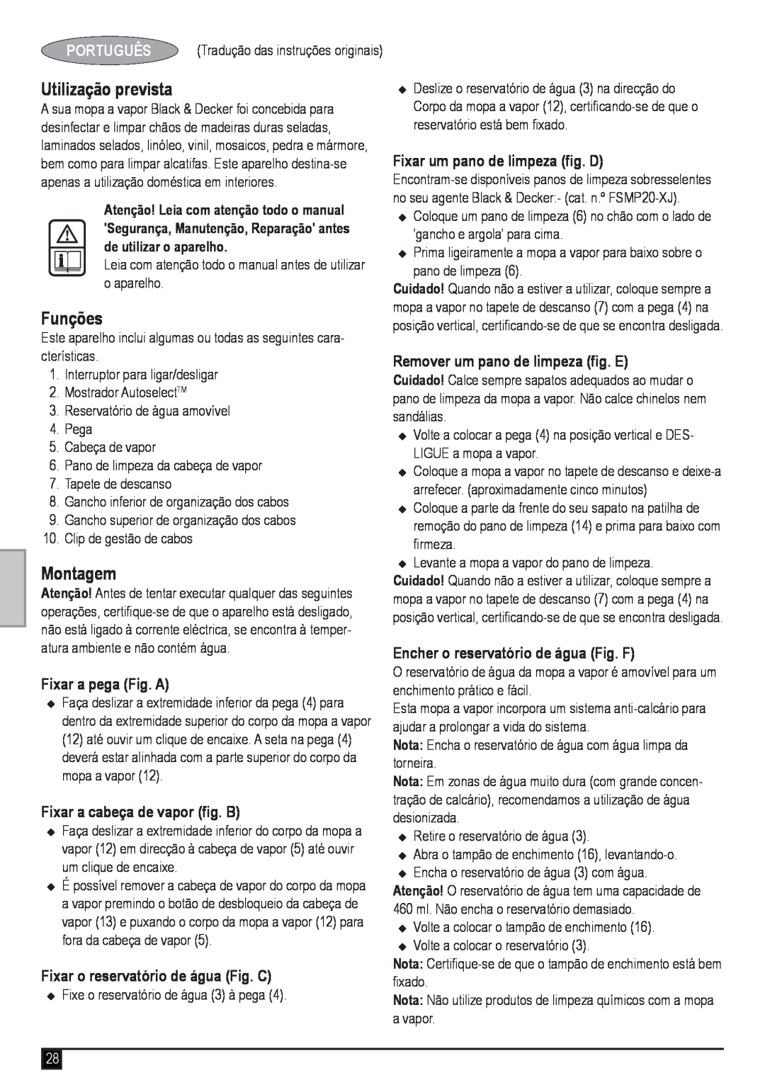 Black & Decker FSM1620 manual Utilização prevista, Funções, Montagem, Português, Fixar a pega Fig. A 