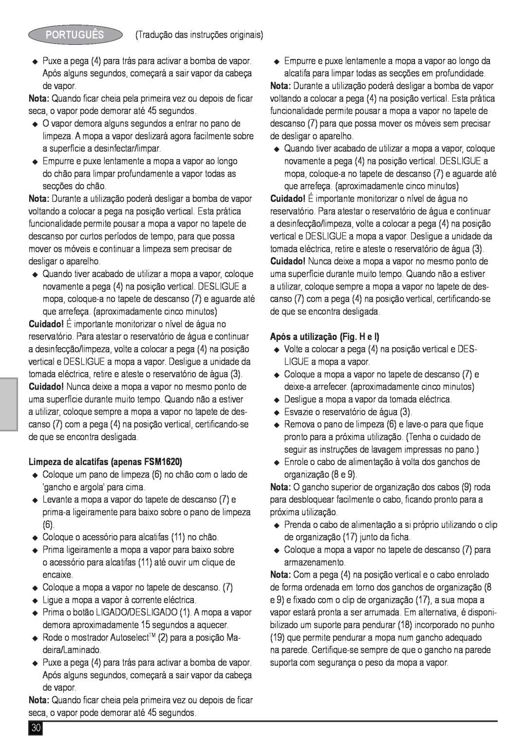 Black & Decker manual Limpeza de alcatifas apenas FSM1620, Após a utilização Fig. H e, Português 