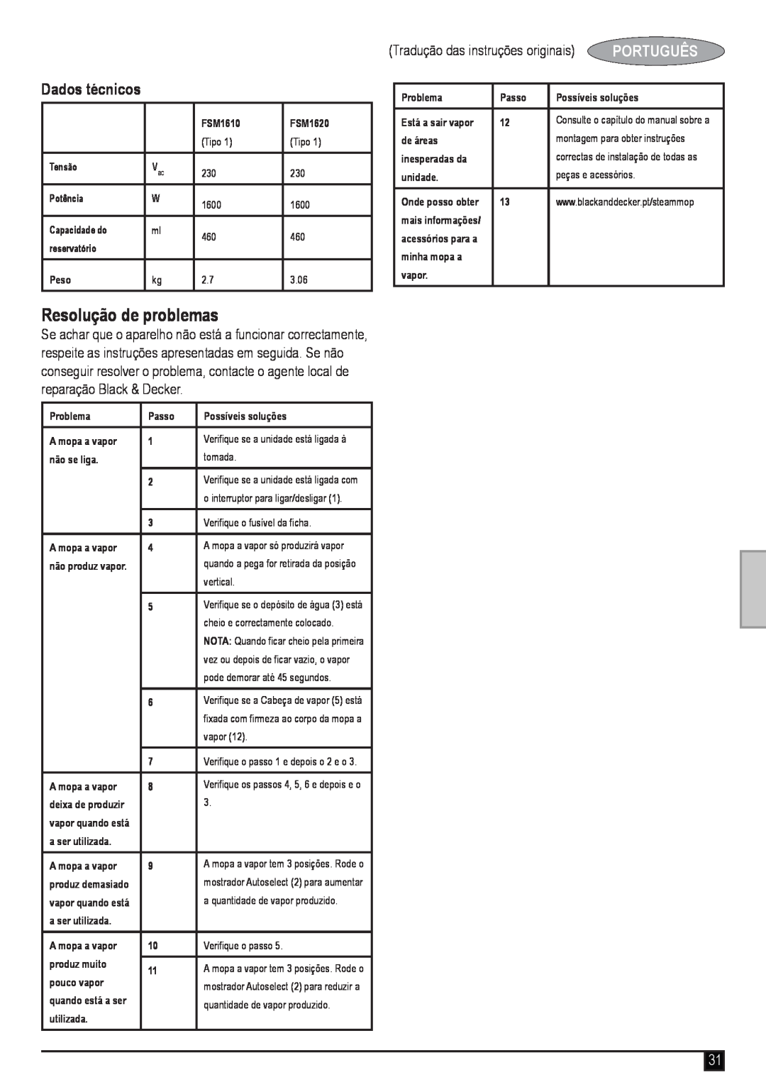 Black & Decker FSM1620 manual Resolução de problemas, Dados técnicos, Tradução das instruções originais, Português 