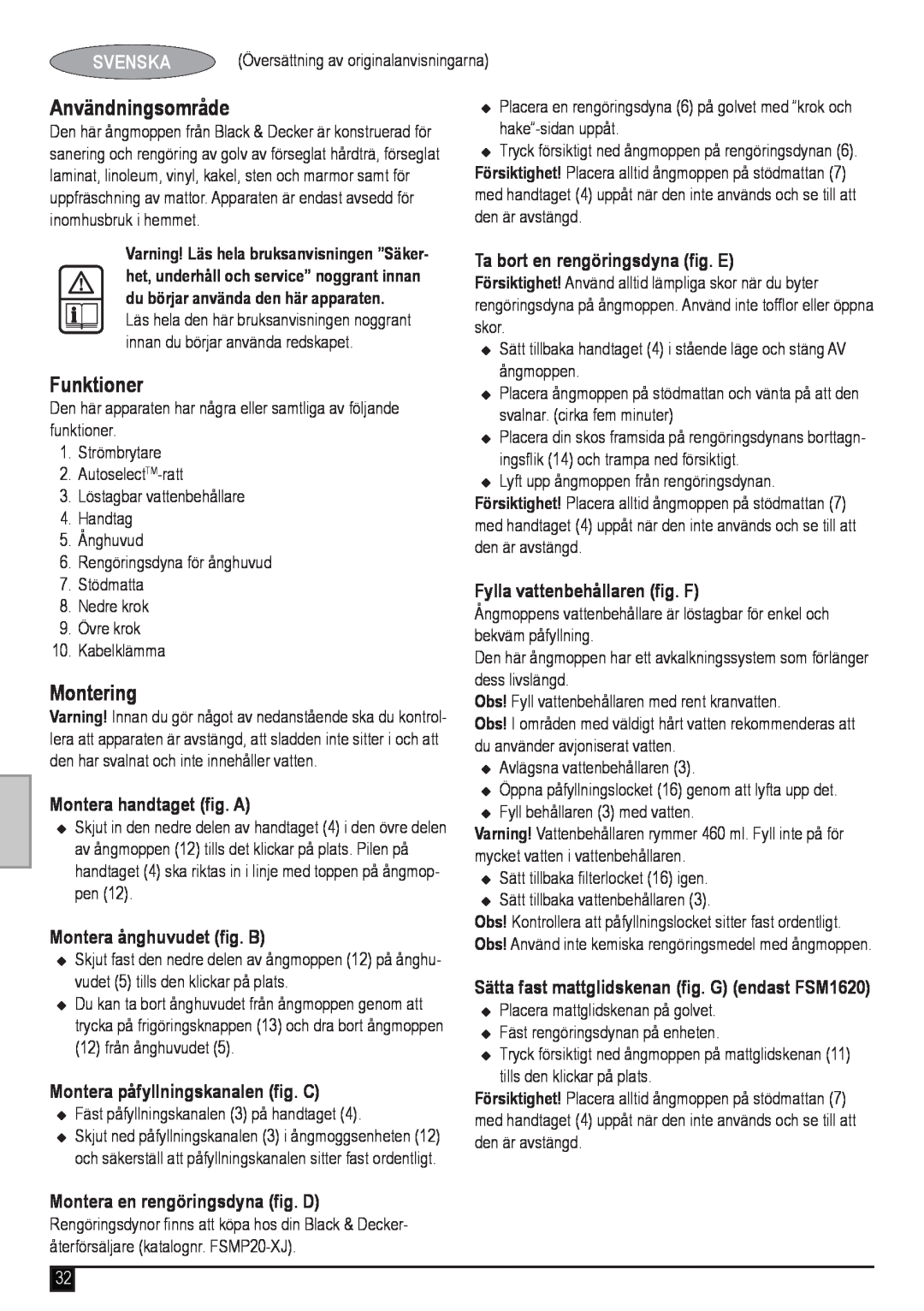 Black & Decker FSM1620 manual Användningsområde, Funktioner, Montering, Svenska, Montera handtaget fig. A 