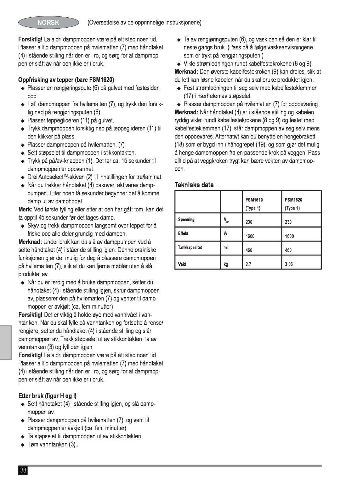 Black & Decker manual Tekniske data, Oppfrisking av tepper bare FSM1620, Etter bruk figur H og, Norsk 