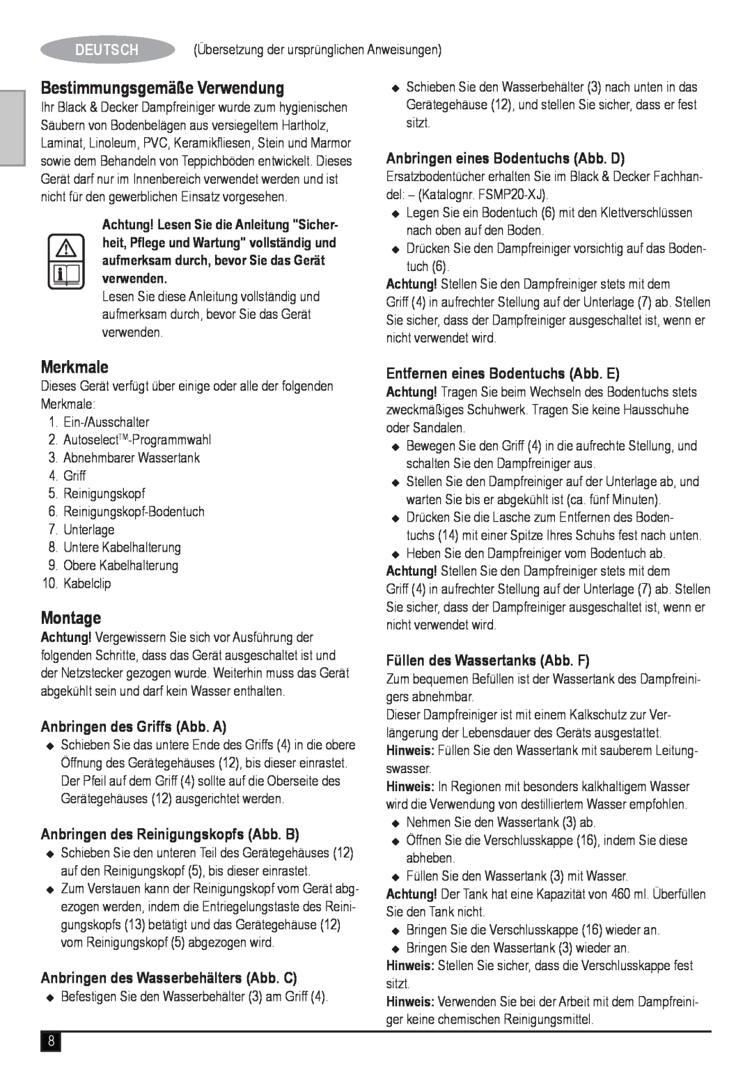Black & Decker FSM1620 manual Bestimmungsgemäße Verwendung, Merkmale, Montage, Deutsch, Anbringen eines Bodentuchs Abb. D 