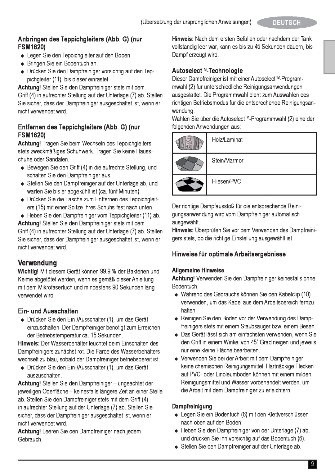 Black & Decker Verwendung, Anbringen des Teppichgleiters Abb. G nur FSM1620, Ein- und Ausschalten, Allgemeine Hinweise 