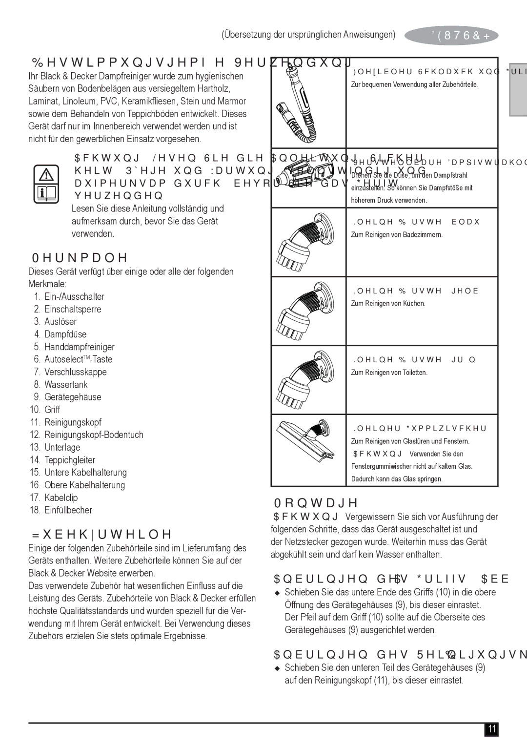 Black & Decker fsmh1621 manual Bestimmungsgemäße Verwendung, Merkmale, Zubehörteile, Montage 