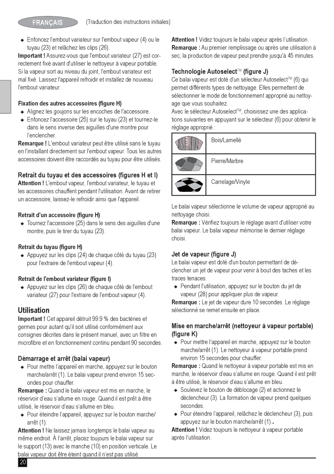 Black & Decker fsmh1621 manual Retrait du tuyau et des accessoires figures H et, Démarrage et arrêt balai vapeur 