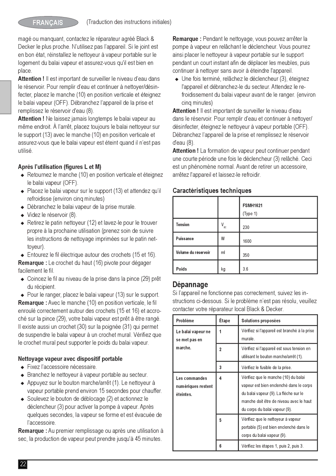 Black & Decker fsmh1621 manual Dépannage, Caractéristiques techniques, Après l’utilisation figures L et M 