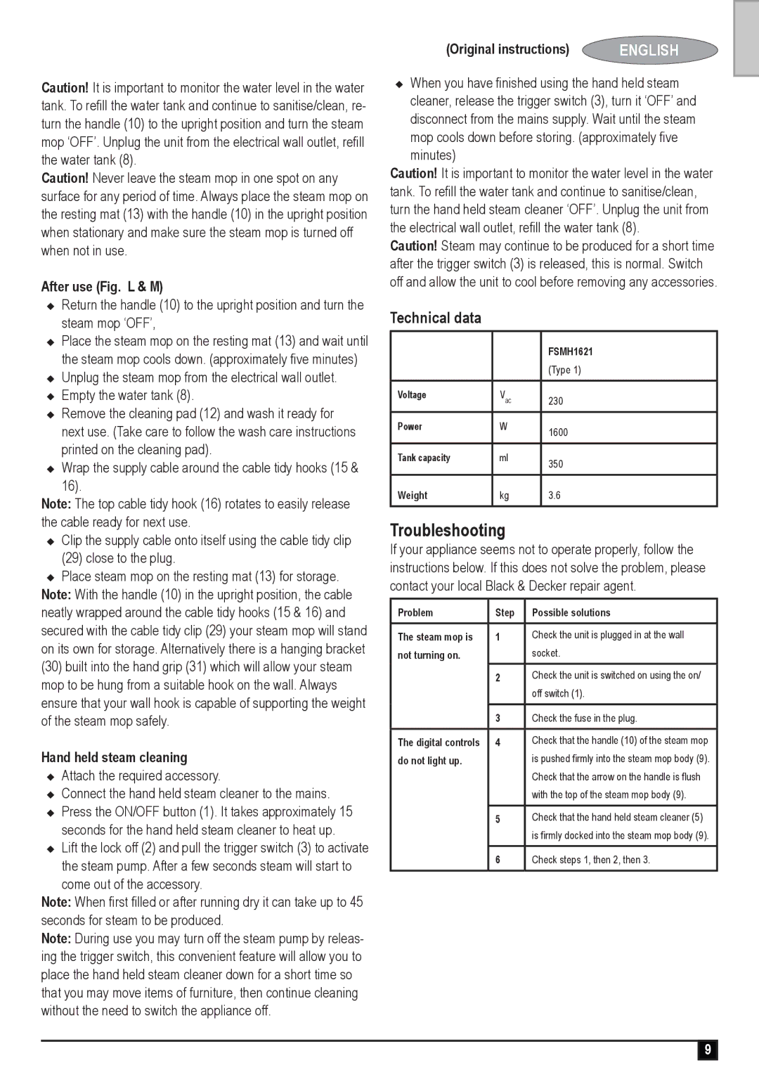 Black & Decker fsmh1621 manual Troubleshooting, Technical data, After use Fig. L & M, Hand held steam cleaning 