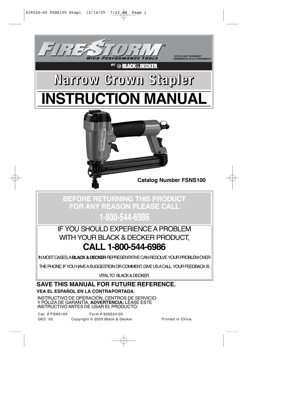 Black & Decker FSNS100 instruction manual Narrow Crown Stapler, VEA EL Español EN LA Contraportada 