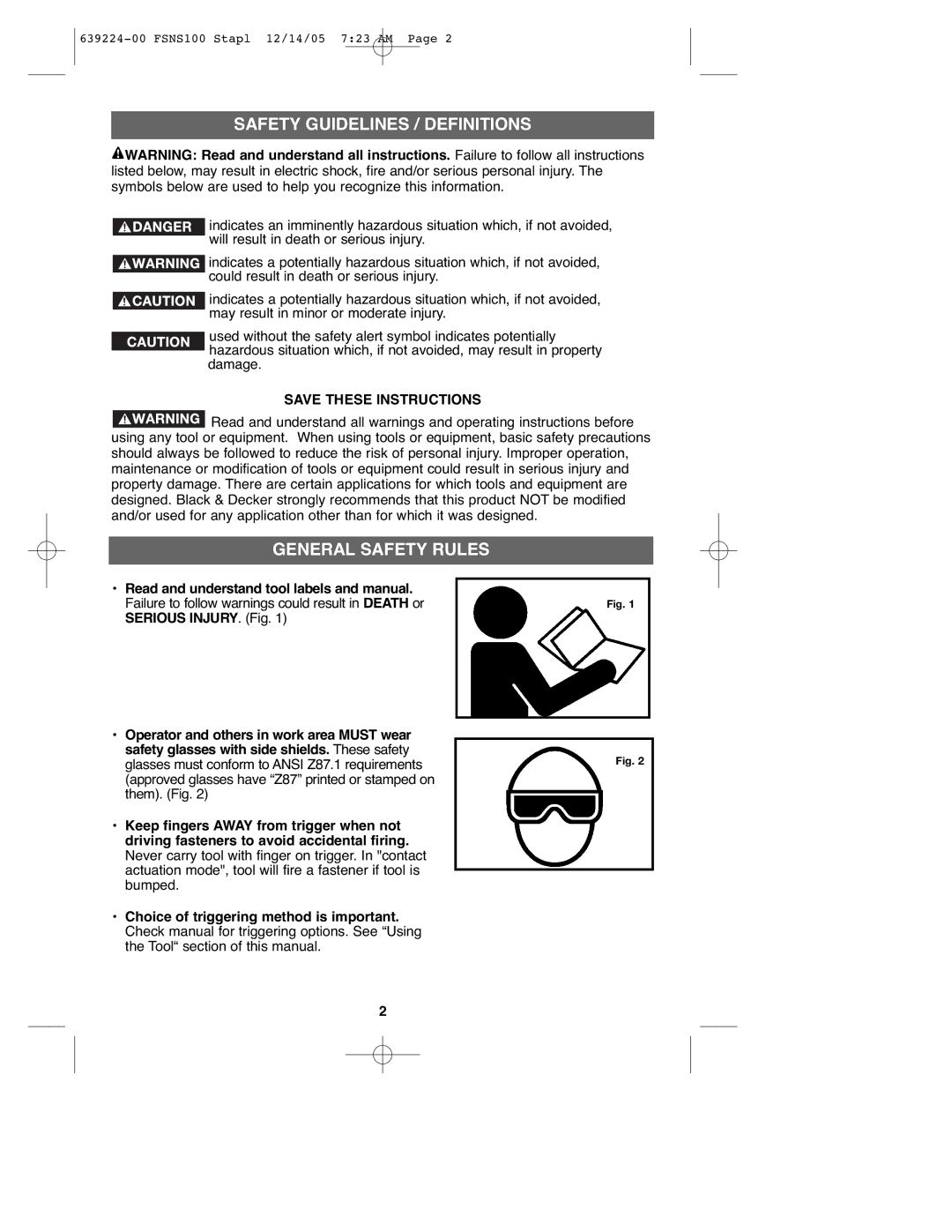 Black & Decker FSNS100 instruction manual Safety Guidelines / Definitions, General Safety Rules 