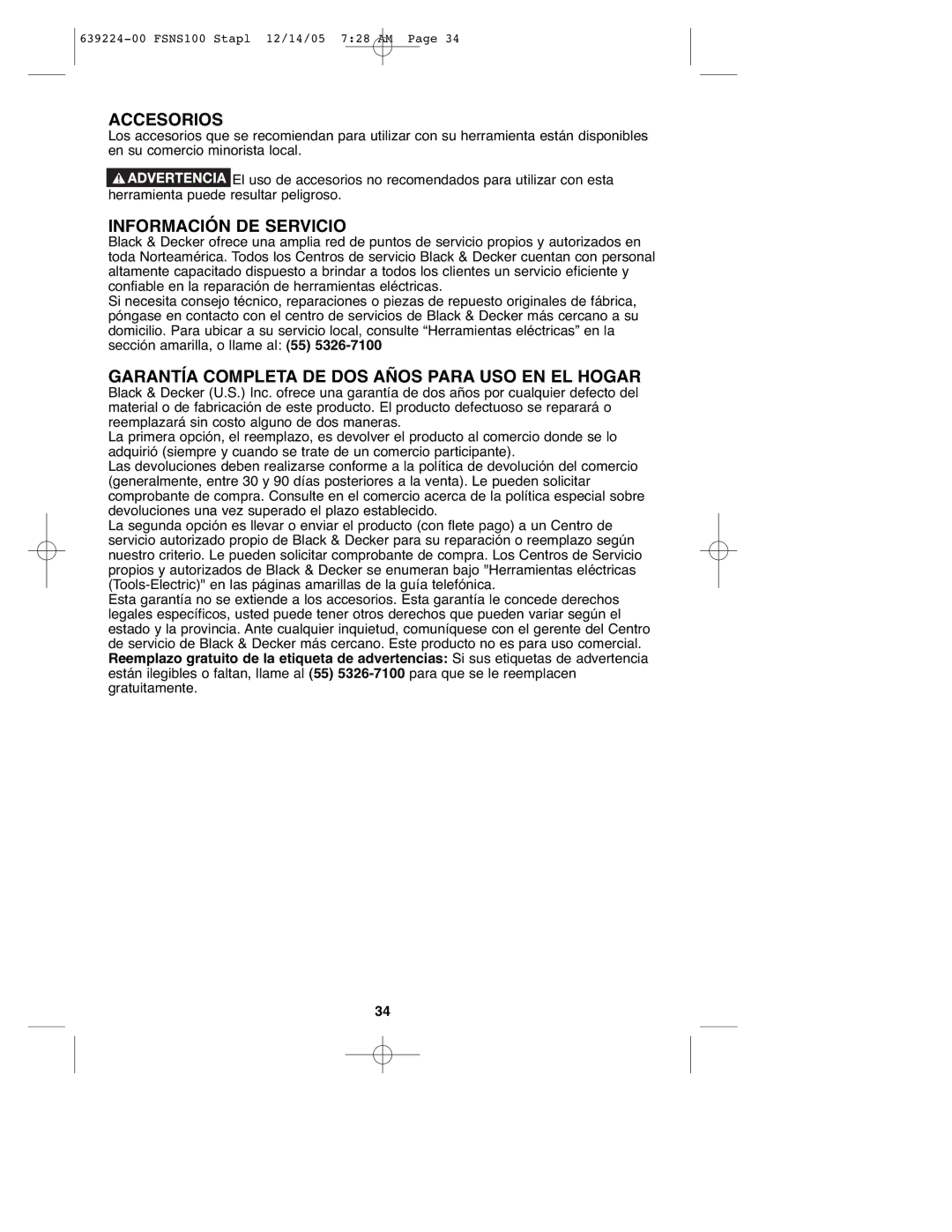 Black & Decker FSNS100 Accesorios, Información DE Servicio, Garantía Completa DE DOS Años Para USO EN EL Hogar 