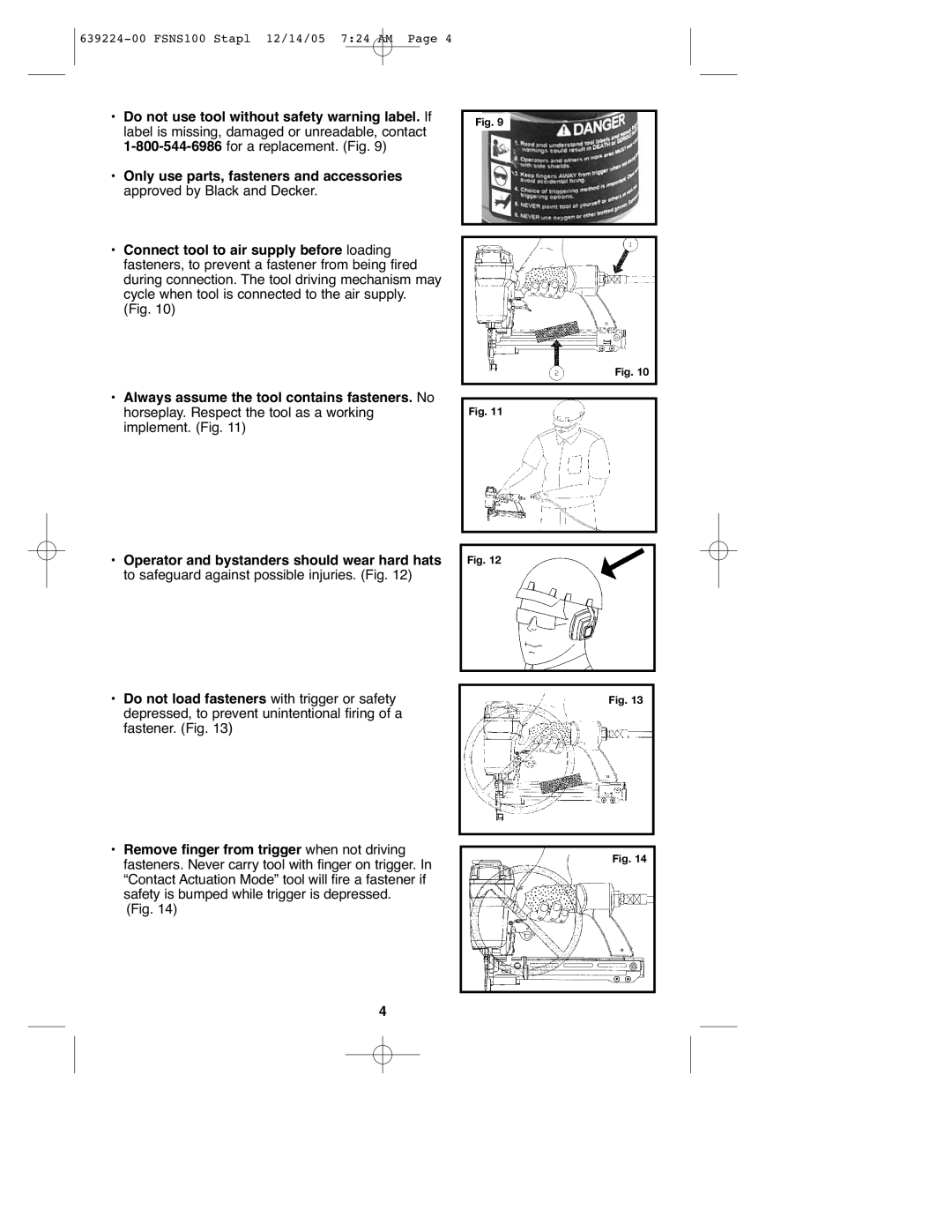 Black & Decker FSNS100 instruction manual Do not use tool without safety warning label. If 