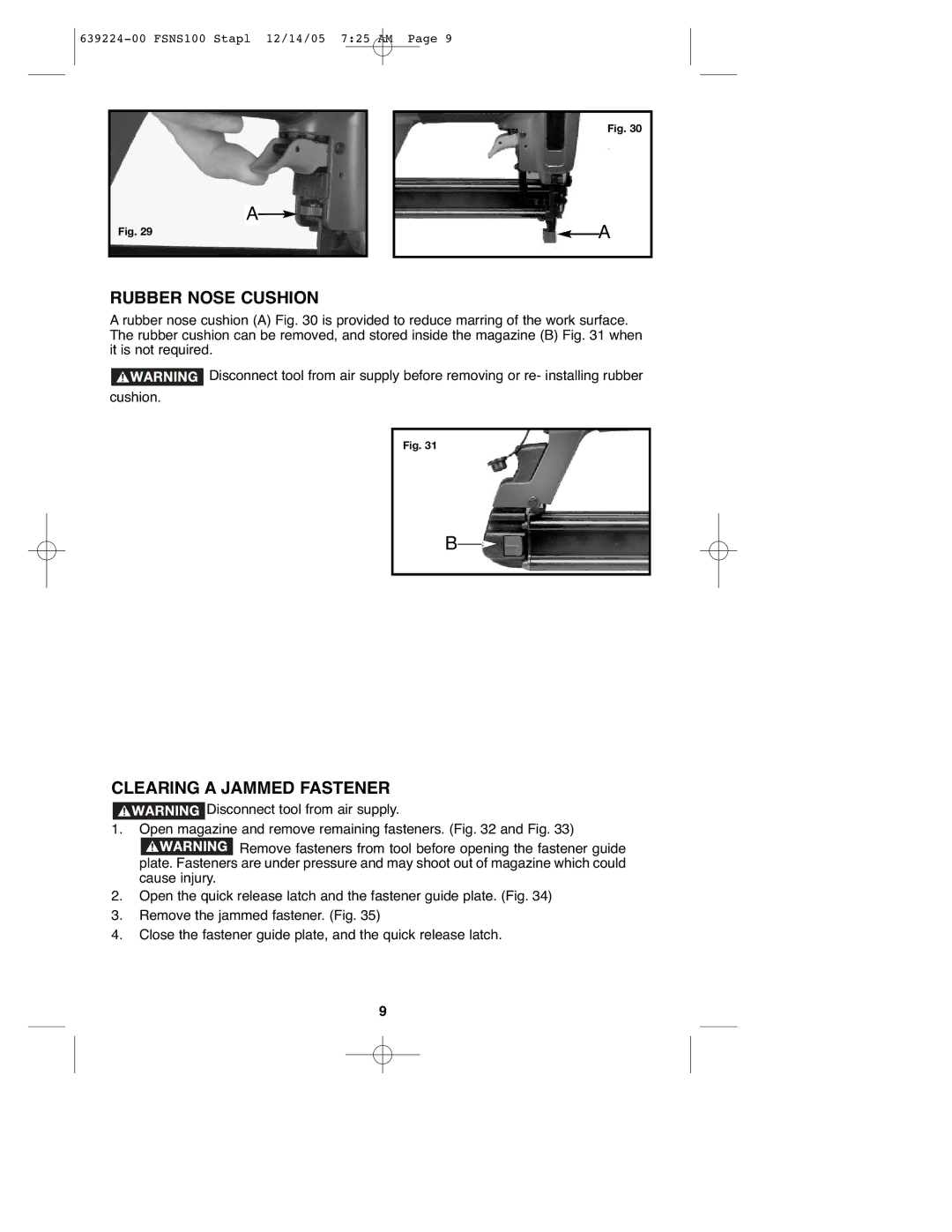 Black & Decker FSNS100 instruction manual Rubber Nose Cushion, Clearing a Jammed Fastener 