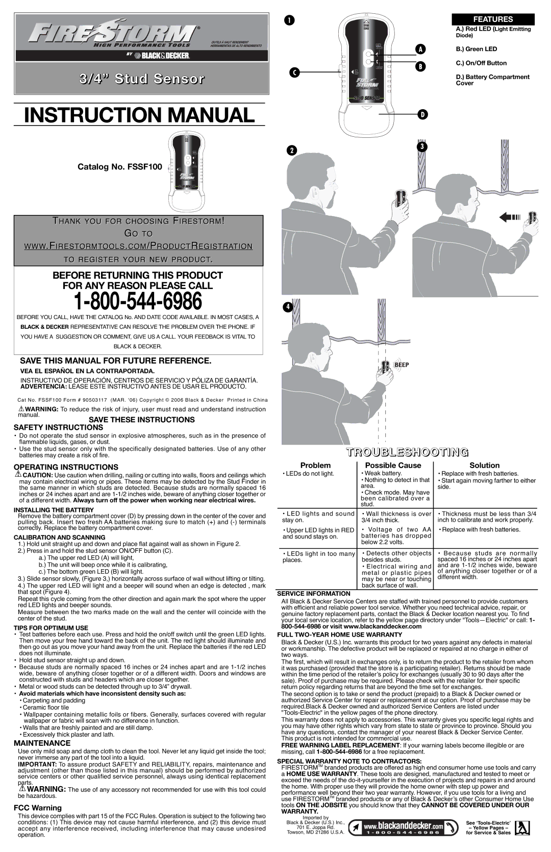 Black & Decker FSSF100 instruction manual Safety Instructions, Operating Instructions, Maintenance, FCC Warning 