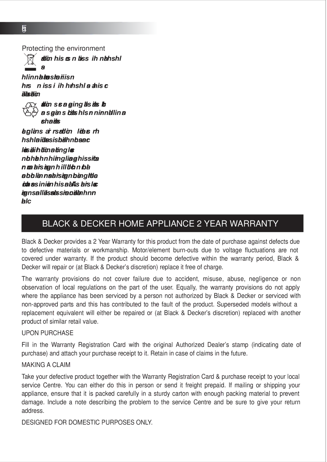 Black & Decker FV1200 manual Black & Decker Home Appliance 2 Year Warranty, Protecting the environment 