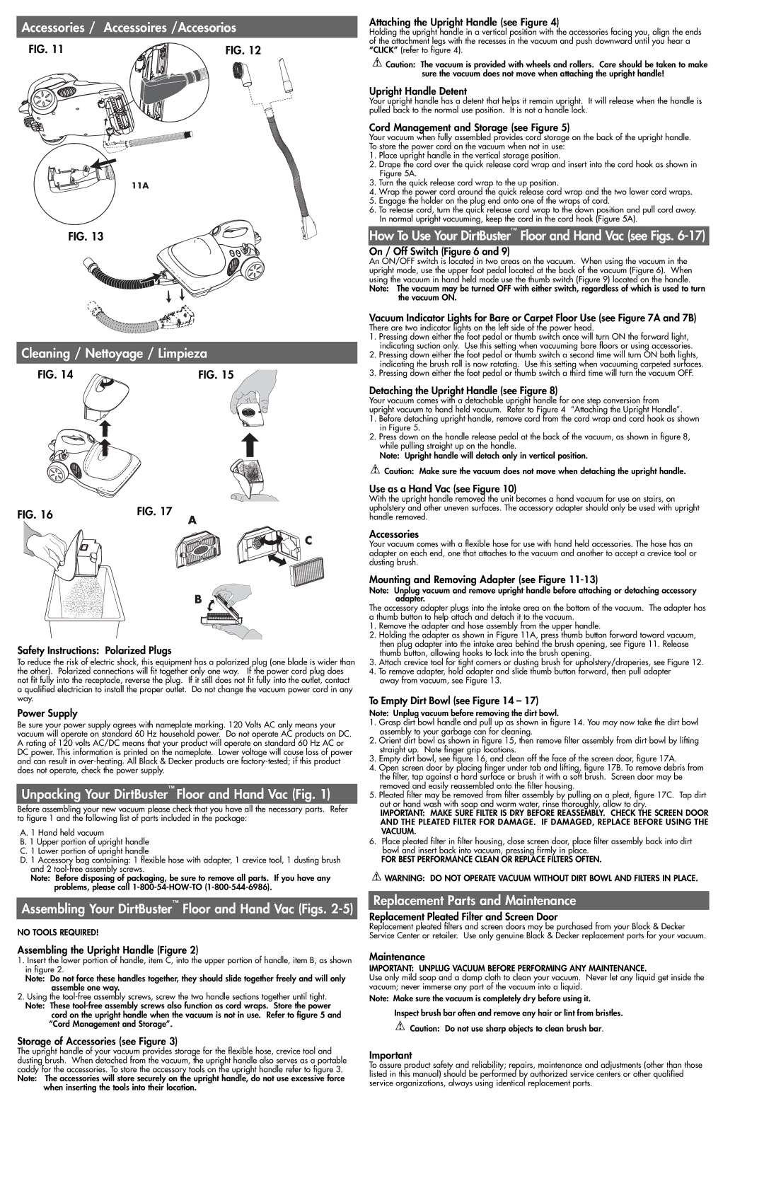 Black & Decker FV5000 Accessories / Accessoires /Accesorios, How To Use Your DirtBuster Floor and Hand Vac see Figs 