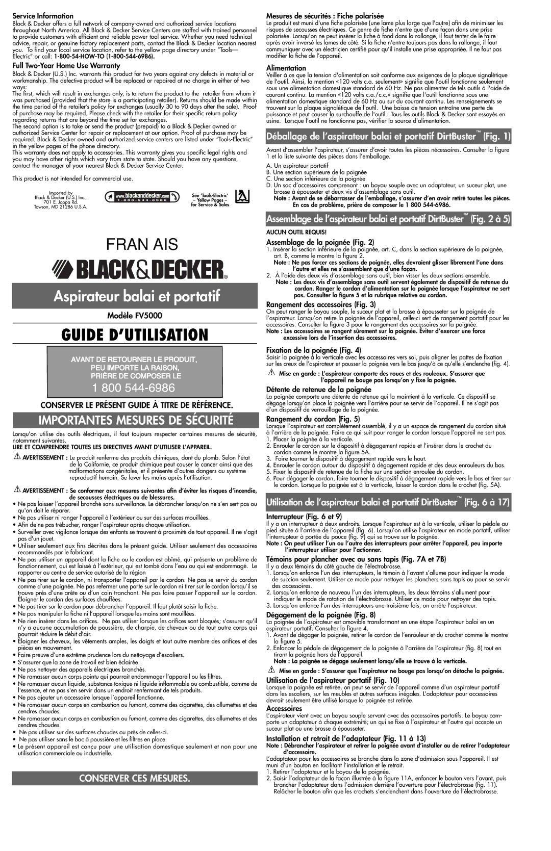 Black & Decker 243920-00, FV5000 instruction manual Déballage de l’aspirateur balai et portatif DirtBuster Fig 