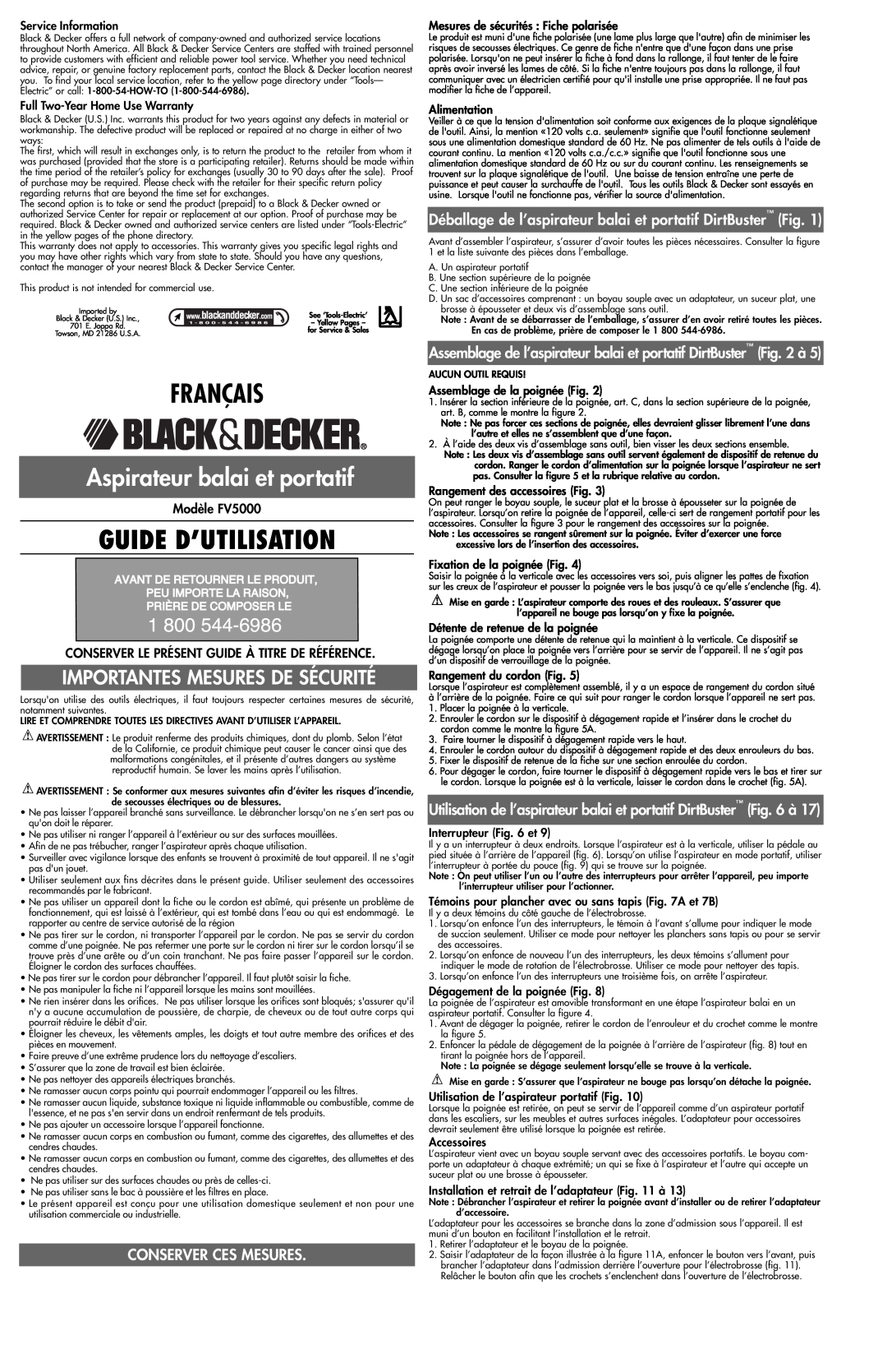 Black & Decker 243920-00 Français, Guide D’Utilisation, Aspirateur balai et portatif, Conserver Ces Mesures, Modèle FV5000 